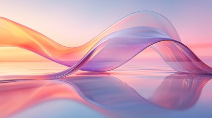 Abstract, flowing, translucent ribbons reflected on a surface, soft pastel colors, sunrise/sunset sky