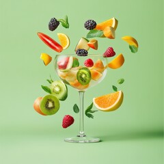A creative composition where individual fruit pieces appear to be floating around a cocktail glass
