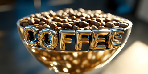roasted coffee beans in a glass bowl with golden inscription coffee, poster, advertising 