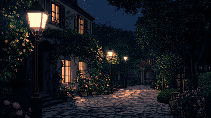 Fototapeta premium Pixelated Night Street Scene With Warm Lights And Houses