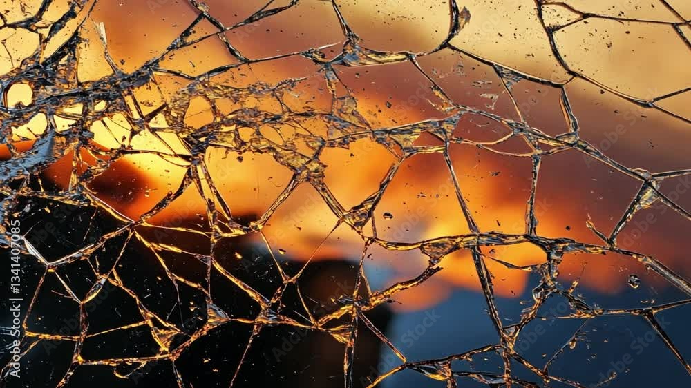 Poster shattered glass with flames reflected in background creating an abstract visual display of chaos and