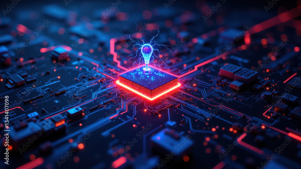 Poster cybersecurity themed image with a close-up of an illuminated circuit board featuring a central light
