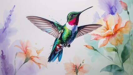 A majestic hummingbird in mid-air, its iridescent feathers radiating shades of emerald green, sapphire blue, and ruby red, masterfully rendered in delicate, expressive watercolor strokes against 