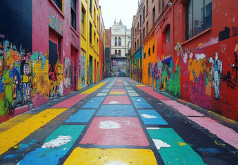 Fototapeta premium Vibrant graffiti art in alley colorful urban scene creates sense of joy