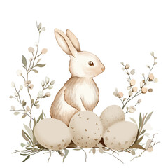 Happy bunny with Easter eggs and flowers. Neutral colors