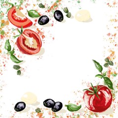 Tomato, olive, herb border, hand drawn illustration with room for text, perfect for menus, planners, cards, etc.