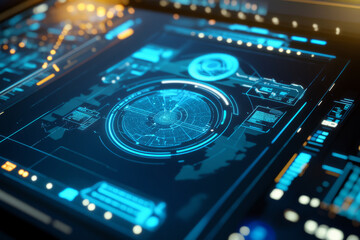 Fototapeta premium A high-tech intergalactic spaceship control room 3D background with holographic navigation panels, glowing blue digital maps, and large reinforced windows displaying the endless expanse of outer space