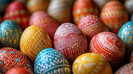 Fototapeta premium Colorfully Decorated Easter Eggs in a Close - up View