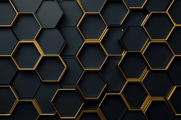 A luxurious 3D background with embossed gold hexagons on a dark matte surface. The metallic sheen of the hexagonal pattern, coupled with soft ambient lighting, creates an opulent, premium feel,