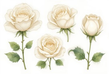 set of white roses in a white background