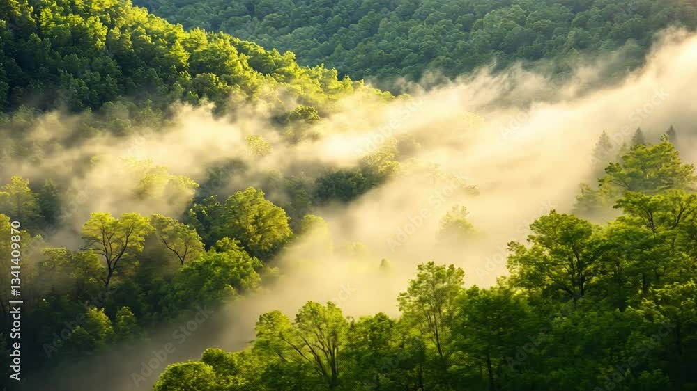 Poster lush green forest landscape with mist and fog rolling through trees, creating serene and tranquil at