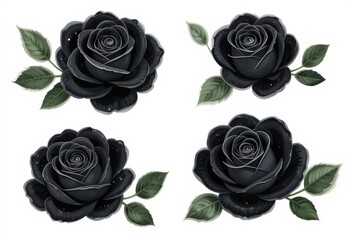 set of black roses in a white background