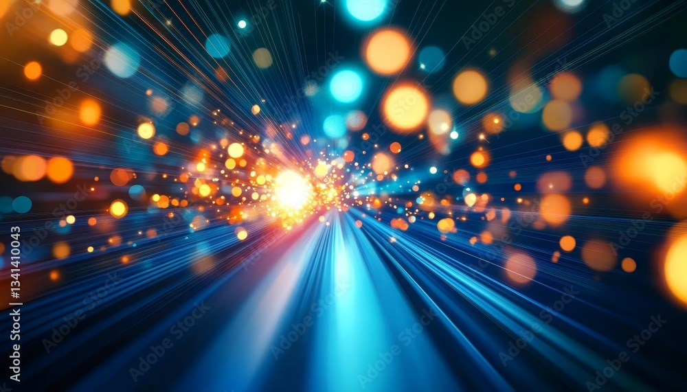 Poster abstract speed of light with bokeh effect, teal and orange color palette, for technology background