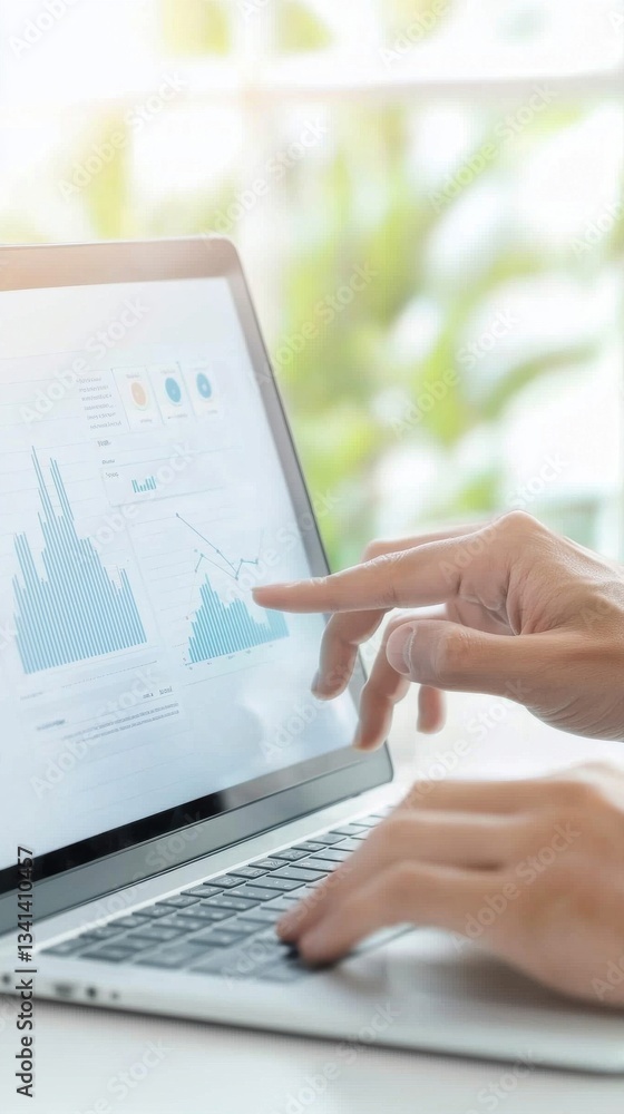 Poster business person analyzing data trends on laptop with graphs displayed