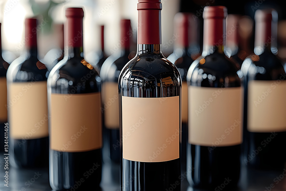 Aufkleber collection of wine bottles with blank labels arranged on a table. generative ai.