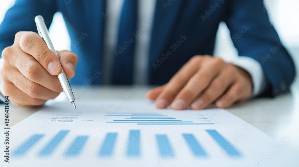 Poster businessman analyzing graphs and statistics on paper document