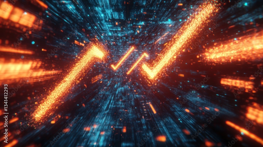Poster abstract digital graphic design with glowing orange lines, representing growth or progress in a data
