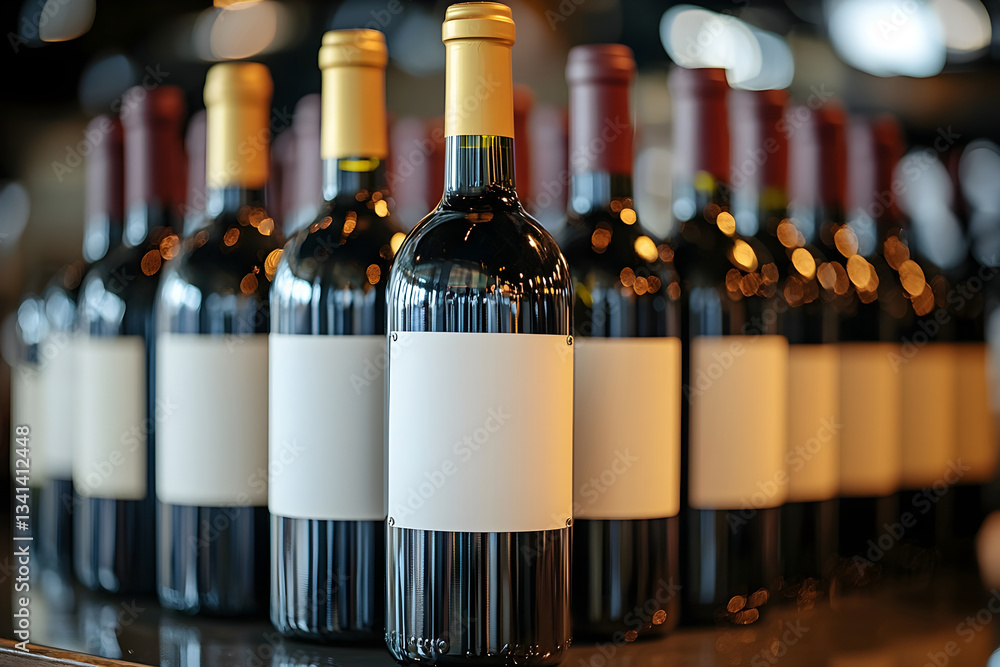 Poster collection of wine bottles with blank labels arranged on a polished surface. generative ai.