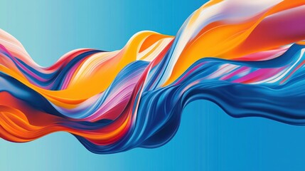 Obraz premium Abstract vibrant fluid dynamic colored ribbons against a soft light blue sky.