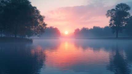 Fototapeta premium Serene Sunrise over Misty Lake with Silhouetted Trees and Calm Waters