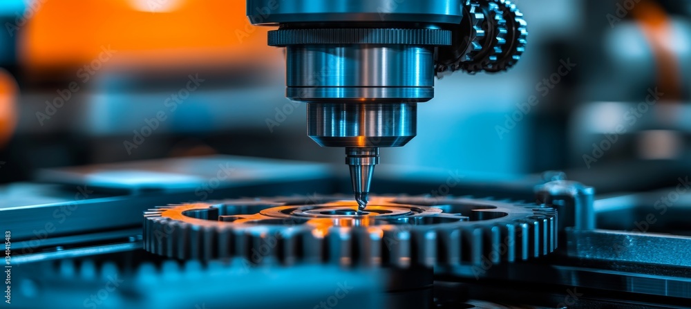 Poster precision machining cnc mill carving gear with industrial automation in dynamic time-lapse sequence