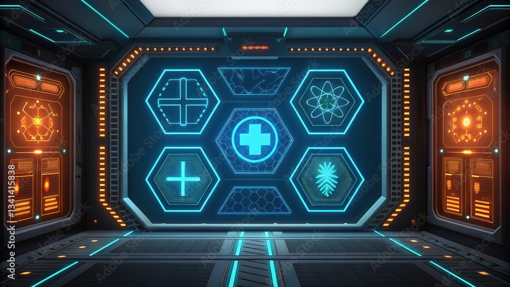 Poster futuristic control room with hexagonal panels featuring symbols and glowing elements.