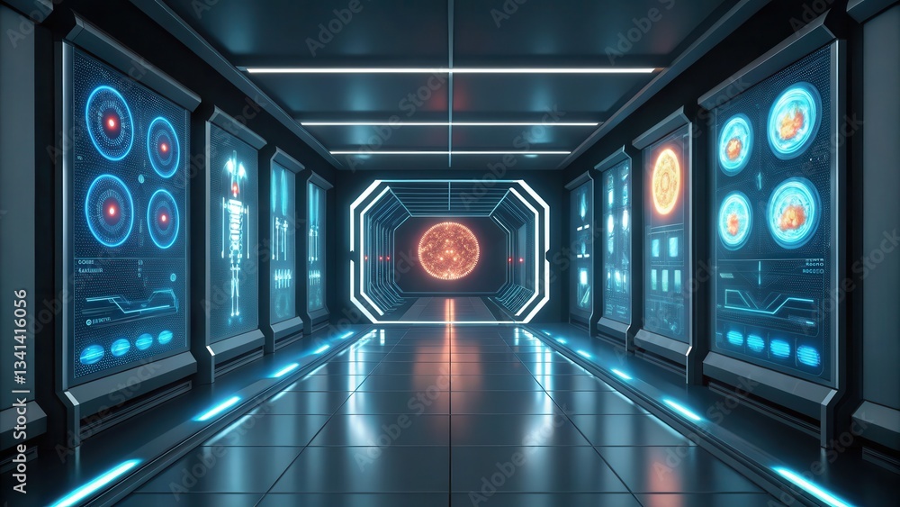 Poster futuristic corridor with glowing walls and a central circular design.