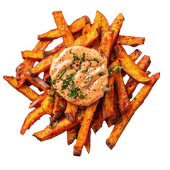 Golden Sweet Potato Fries with Creamy Dip: A Delicious Culinary Still Life Isolated on Black Backdrop, Perfect for Food Blogs and Restaurant Menus