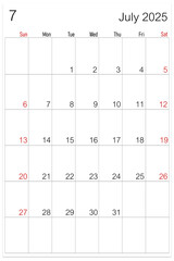 July 2025 calendar page isolated on white background.