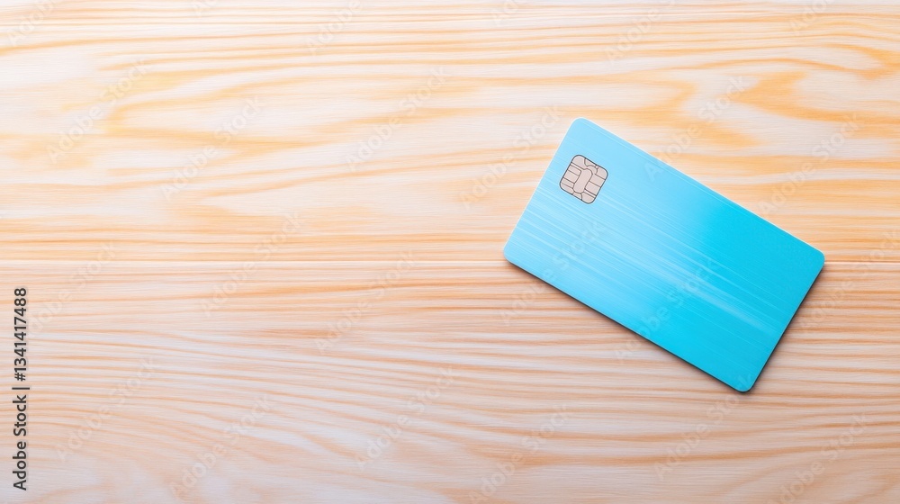 Poster a blue card is placed on a light wooden surface, showcasing a minimalist design with a chip embedded