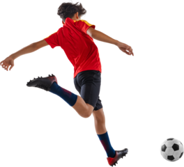 Rear view photo of junior soccer player running in motion to kicking ball, focused on victory against transparent background. Concept of sport, junior league, healthy lifestyle, championship.