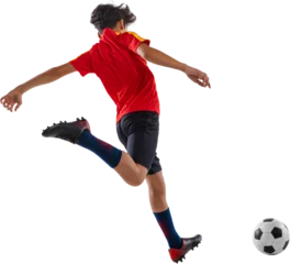 Fotobehang Rear view photo of junior soccer player running in motion to kicking ball, focused on victory against transparent background. Concept of sport, junior league, healthy lifestyle, championship. © Lustre Art Group 