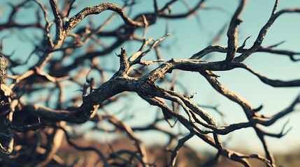 Close-up of intricate, twisted branches against a clear sky.