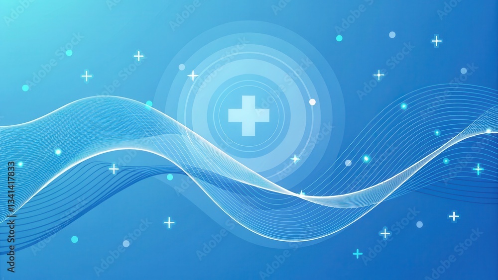 Fototapete Abstract blue waves with circular patterns and cross symbols create a modern design.