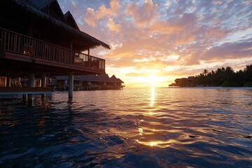 Fototapeta premium A stunning view of soft sunset colors reflecting over serene waters, framed by charming structures along the shore, creating a romantic and peaceful atmosphere.