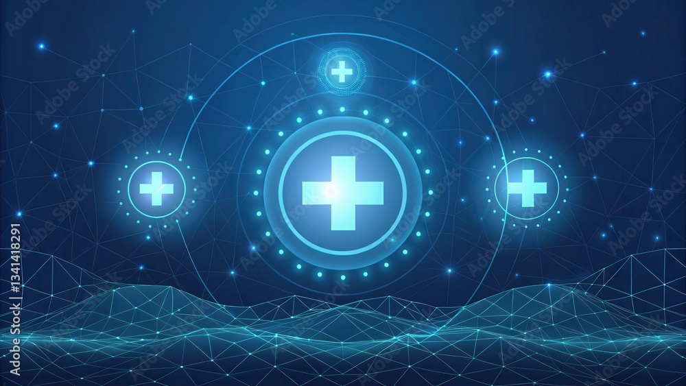 Aufkleber digital medical concept featuring a blue network design with health symbols and connections.