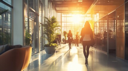 Sunrise at a vibrant office: A modern workplace buzzing with early morning activity