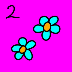 number 2 and 2 turquoise flowers with purple background for kids to learn shapes, colors, numbers and math