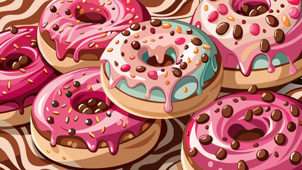 Pink donuts with chocolate chips. Artistic photo of creamy donuts with pink glaze on top and chocolate chips.