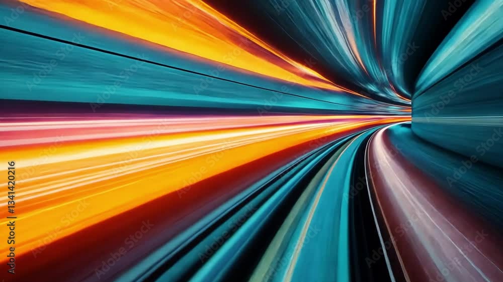 Poster vibrant light trails in dynamic tunnel create sense of motion, blending blue and orange hues to evok