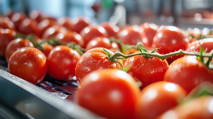 A food processing facility featuring fresh tomatoes and aromatic herbs moving along conveyor belts, ready for efficient packaging