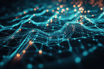 A high-tech hexagonal 3D background with embedded glowing data streams flowing through the structure. The neon-lit hexagons pulse in synchronization, simulating a futuristic AI network. The deep black