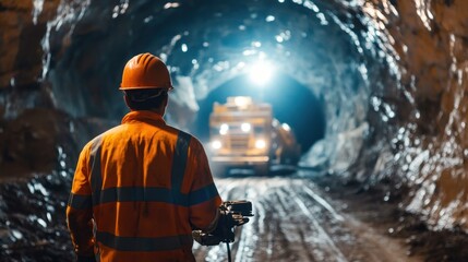 Coalmine Surveyor Inspecting Tunnel with Heavy Loader in the Background