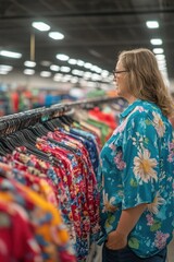 Obraz premium Woman shopping for colorful shirts in a large retail store