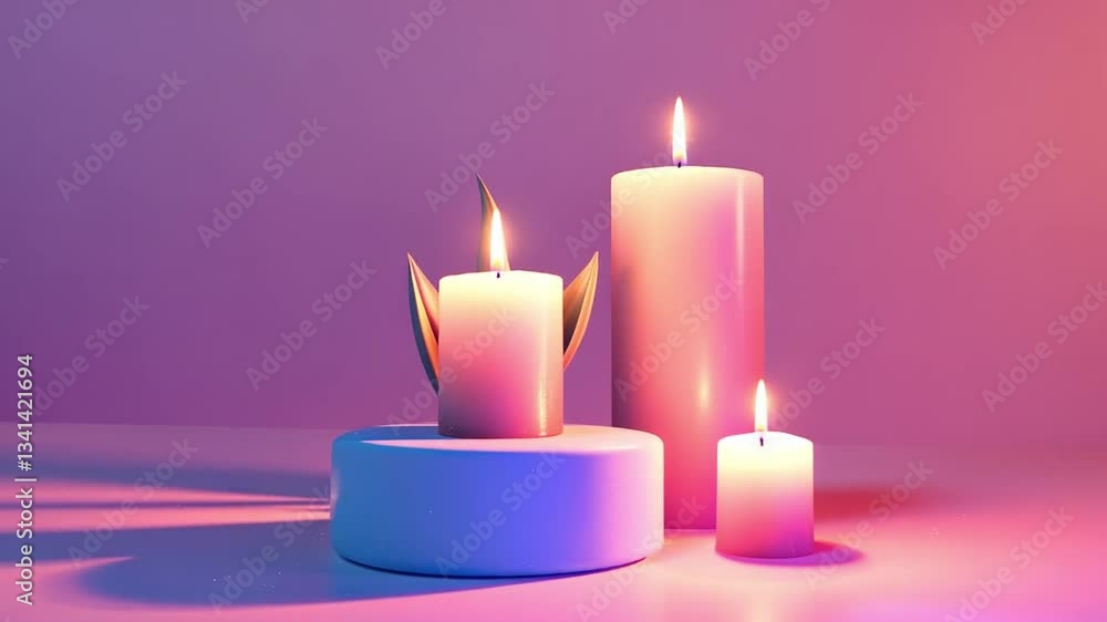 Poster three lit candles of varying sizes on circular platform casting warm glow and serene ambiance with g