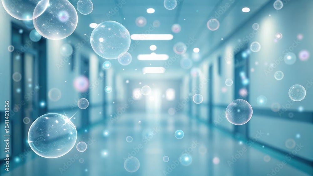 Poster abstract bubbles float in a hospital corridor, creating a surreal and calming atmosphere.