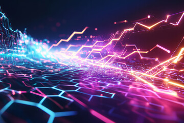 Obraz premium A high-energy, digital-themed 3D background with hexagons arranged in an electrified pattern. The edges of each hexagon are lined with glowing neon traces, while a vibrant energy wave pulses through