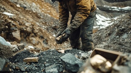 Prospector carefully examining a gold nugget in a rugged mining environment