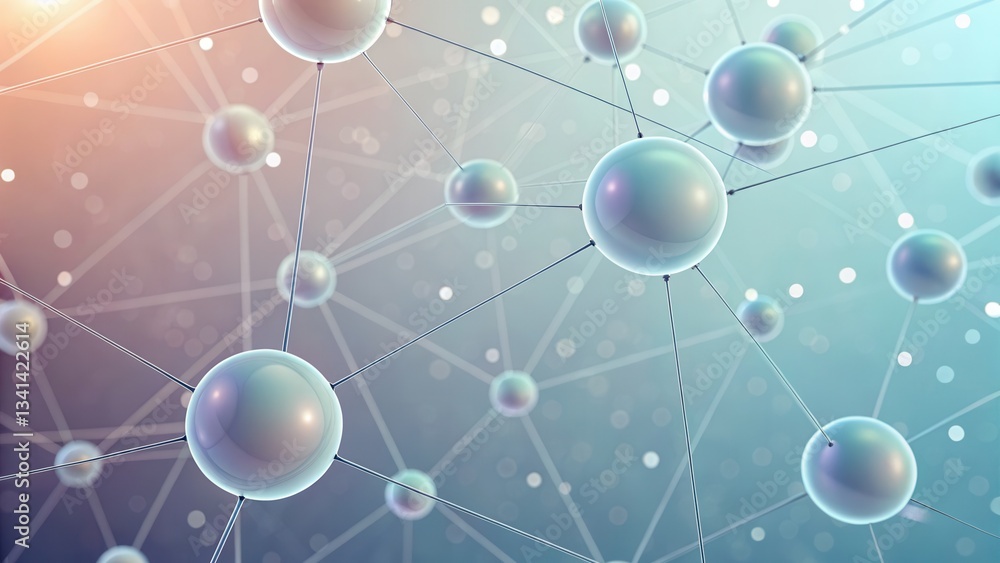 Poster abstract representation of interconnected molecules and atoms in a scientific design.