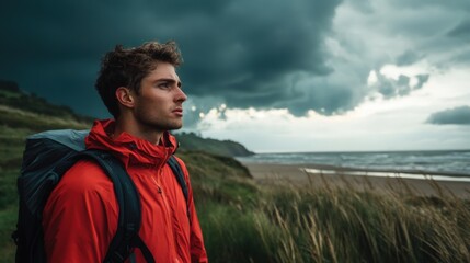 Young man with backpack gazing at stormy sea.